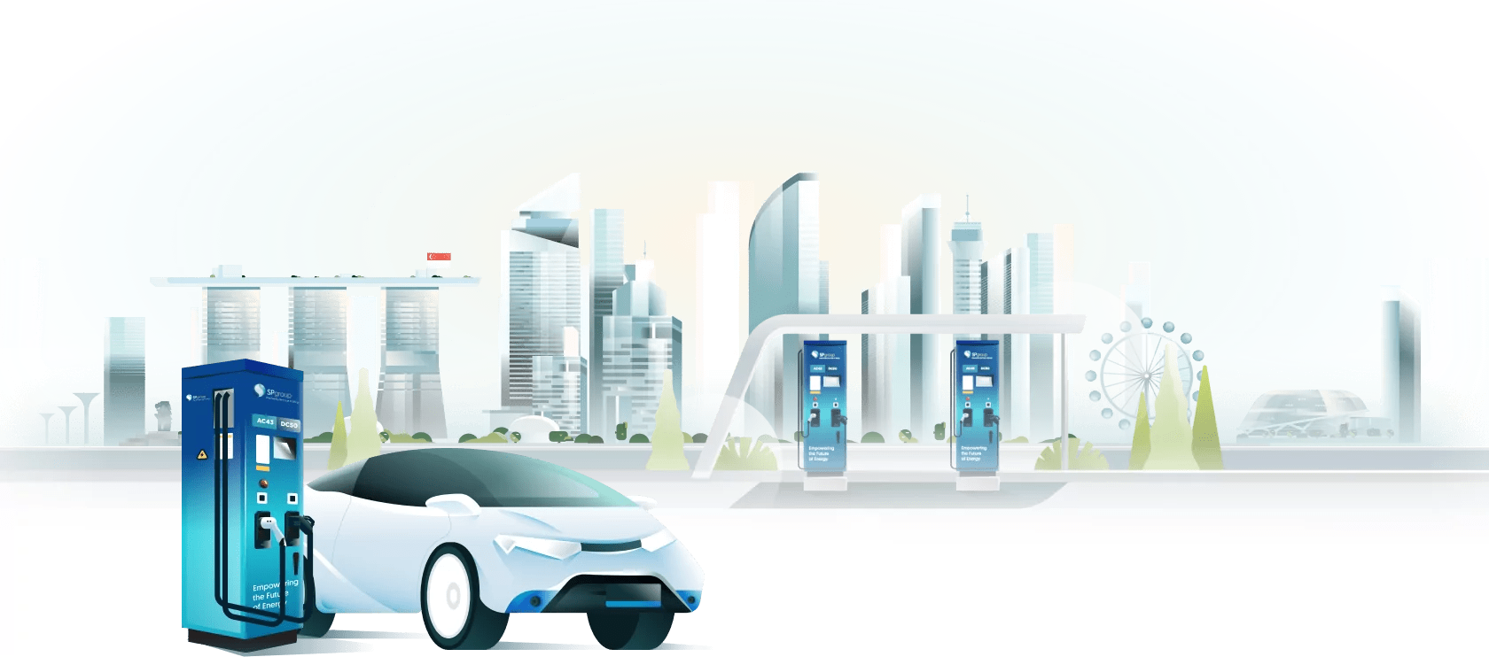 EV Charging Station with Futuristic City Background